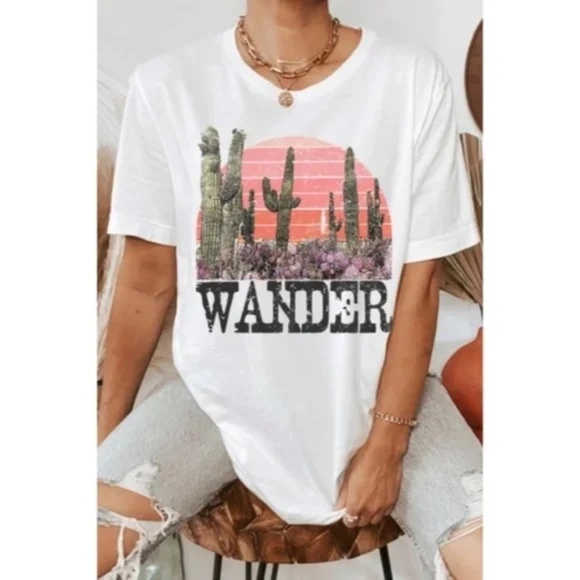 White Wander Cactus Western Graphic Oversized Relaxed Fit Casual Tee T-Shirt Top - Picture 1 of 1